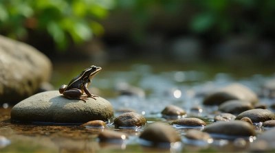 Small Amphibian On Stone By Streamside Greenery