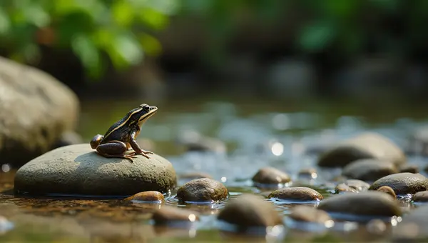 Small Amphibian On Stone By Streamside Greenery