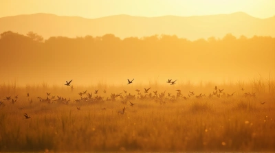Small Birds Scattered Across Golden Meadow At Sunrise