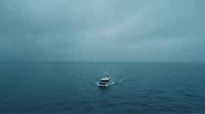 Small Boat Crossing Vast Ocean With Moody Sky