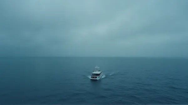 Small Boat Crossing Vast Ocean With Moody Sky