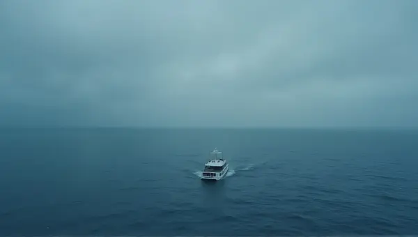 Small Boat Crossing Vast Ocean With Moody Sky