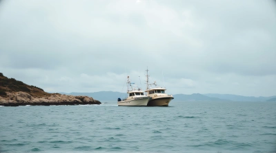Small Boats Anchored Near Rocky Shoreline Under Cloudy Sky