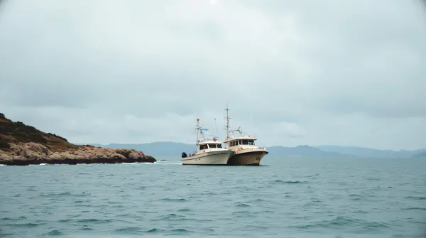 Two small vessels with pale hulls anchored near a rugged rocky coastline beneath a vast cloudy sky.