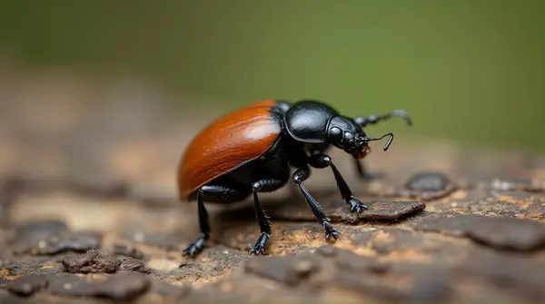Small Chestnut Beetle On Rough Bark Surface