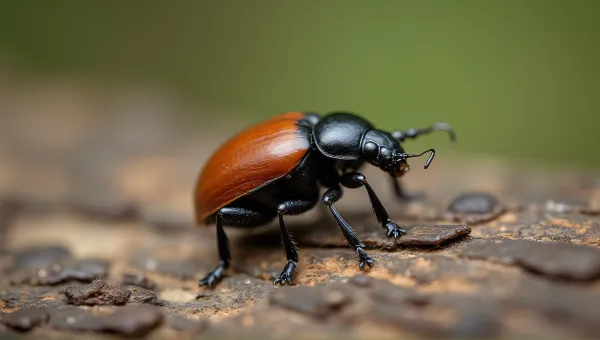 Small Chestnut Beetle On Rough Bark Surface