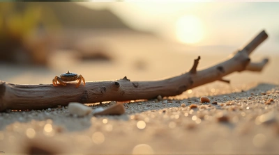Small Crab Crawling Near Twig On Grainy Surface