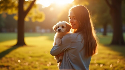 Small Dog Held Tenderly In Sunny Park