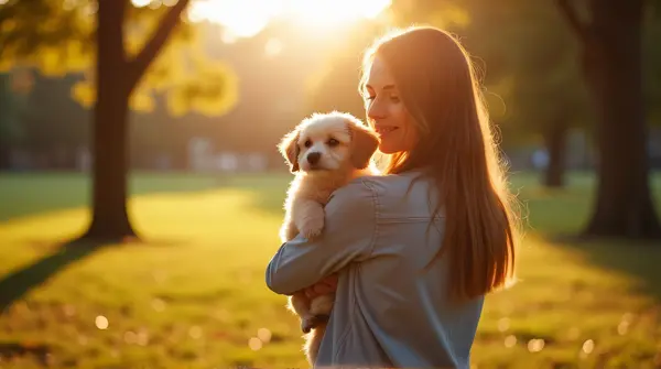Individual holding a small dog in arms in a sunlit clearing surrounded by trees