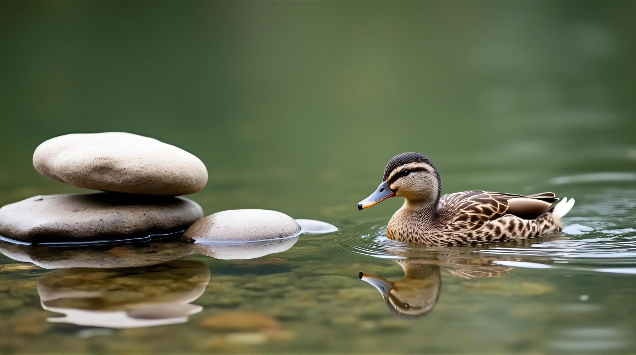 Small Duck Swimming By Clustered Stones In Pond