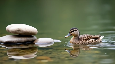 Small Duck Swimming By Clustered Stones In Pond