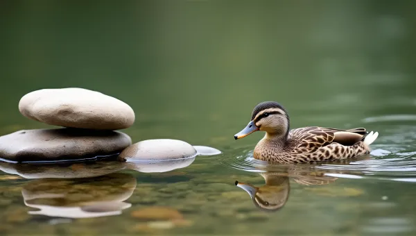Small Duck Swimming By Clustered Stones In Pond
