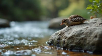 Small Feathered Animal Resting Near Flowing Stream