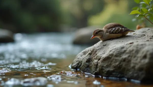 Small Feathered Animal Resting Near Flowing Stream