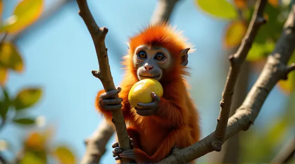 A small russet-furred primate grasping colorful produce while perched high in a tree under a clear blue sky.