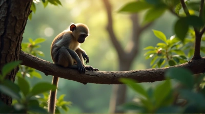 Small Primate Resting Focused in Sunlit Foliage