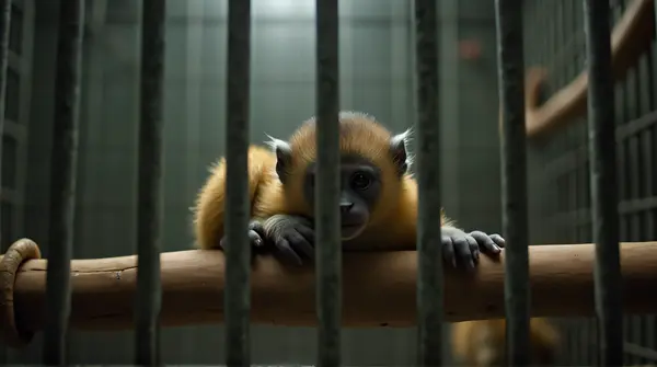 Small Primate Resting On Wooden Perch In Enclosure