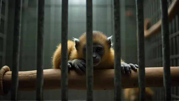 Small Primate Resting On Wooden Perch In Enclosure