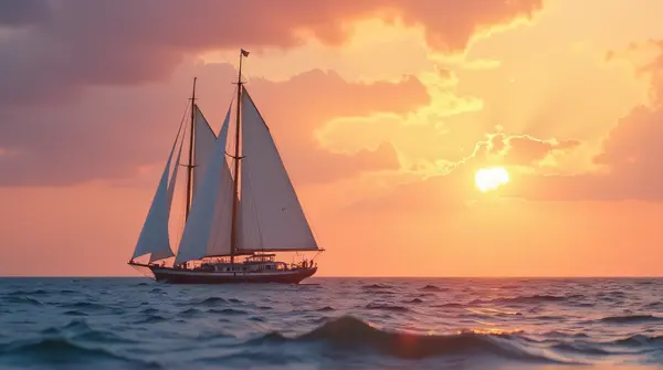 Small Sailing Boat On Expansive Ocean At Dusk