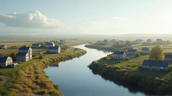 Small Settlement Along Meandering Watercourse