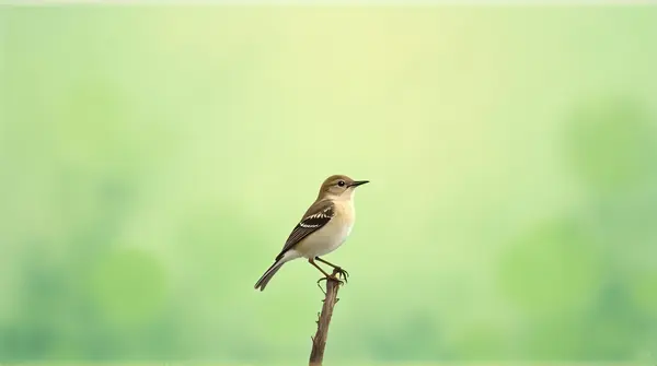 Acrylic painting of a small songbird sitting on a slender twig with a soft green background.