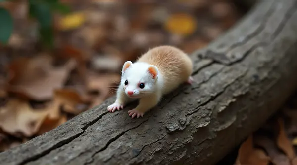 Small White Brown Mustelid On Rugged Wooden Log