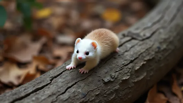 Small White Brown Mustelid On Rugged Wooden Log