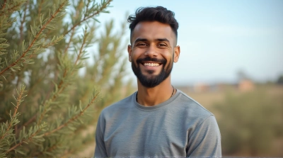Smiling Man In Grey Shirt With Branches