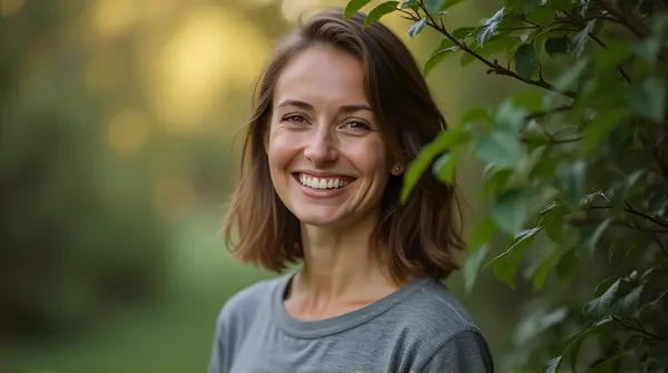 Smiling Person Standing Near Sunlit Leaves