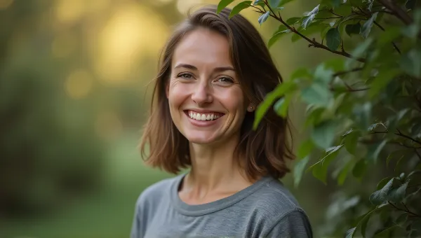Smiling Person Standing Near Sunlit Leaves