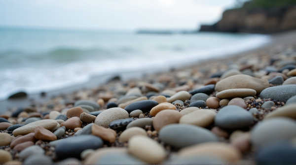 Close-up of smooth pebbles scattered along a rugged beach edge under soft overcast light