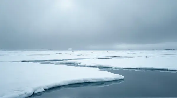 Close-up view of a smooth white ice sheet covering calm water beneath a gray cloudy sky.