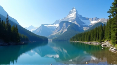 Snow-Capped Peak Near Alpine Reservoir Landscape