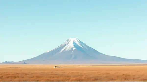 Snow-Capped Summit Above Dry Golden Grassland