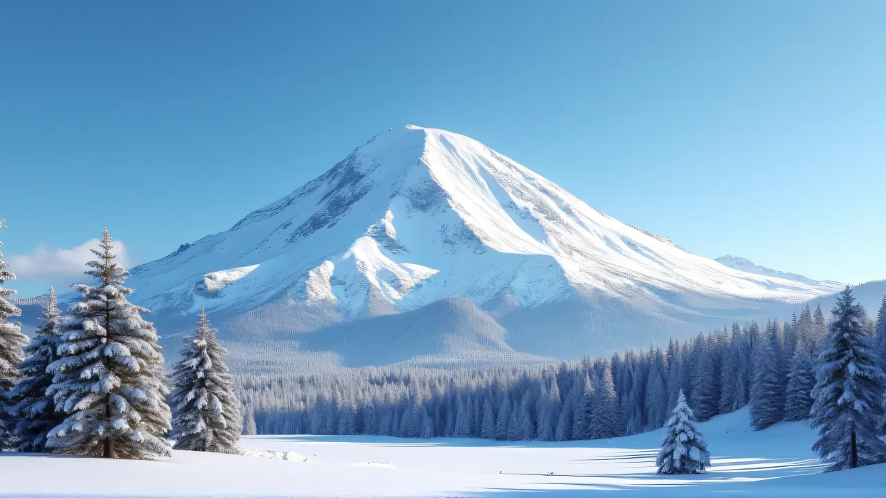 A tall mountain covered in thick snow with pine trees dusted in powder and sunlight casting soft shadows under a clear blue sky.