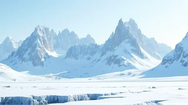 Ice-covered mountain peaks and ridges with textured snowfields and frozen crevices in bright daylight