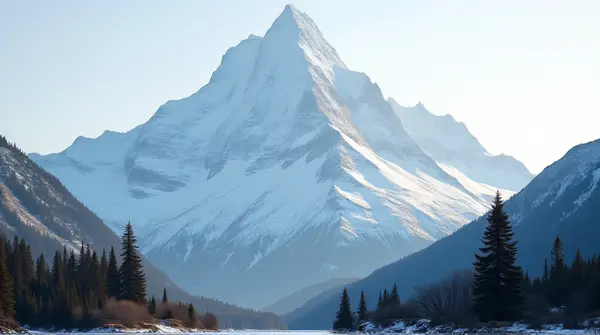 Towering snow-covered mountain with pine trees and soft daylight on rugged slopes