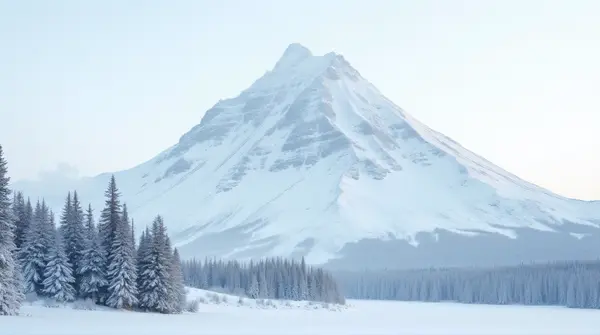 Snow Covered Mountain with Pine Trees and Open Sky