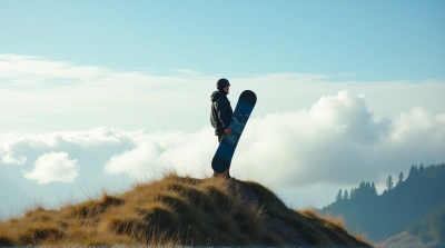 Snowboarder On Grassy Rise Under Expansive Sky