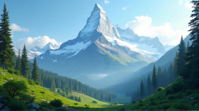 Snowcapped Peak Surrounded By Greenery And Clear Sky