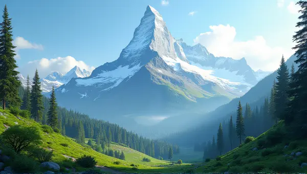 Snowcapped Peak Surrounded By Greenery And Clear Sky