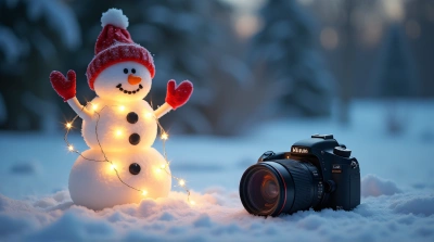 Snowman Decorated With Glowing Lights And Camera