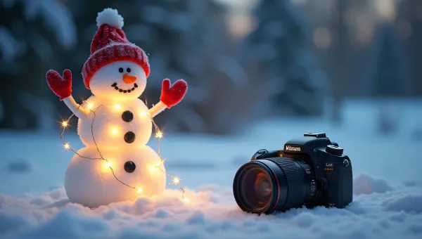 Snowman Decorated With Glowing Lights And Camera
