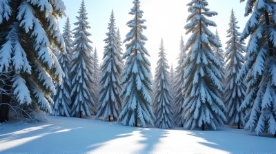 Snowy Pine Forest With Sunlight And Shadows