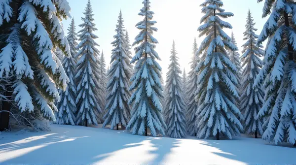 Sunlight filters through tall pine trees dusted with fresh snow, creating shadows on the white ground.