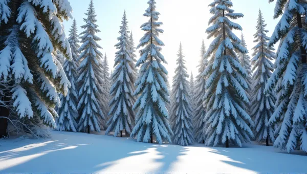 Snowy Pine Forest With Sunlight And Shadows