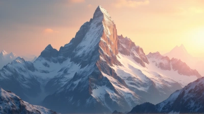 Snowy Summit Against Warm Glowing Sky