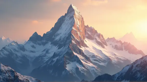 A tall mountain peak covered with snow, glowing warmly under a soft radiant sky.