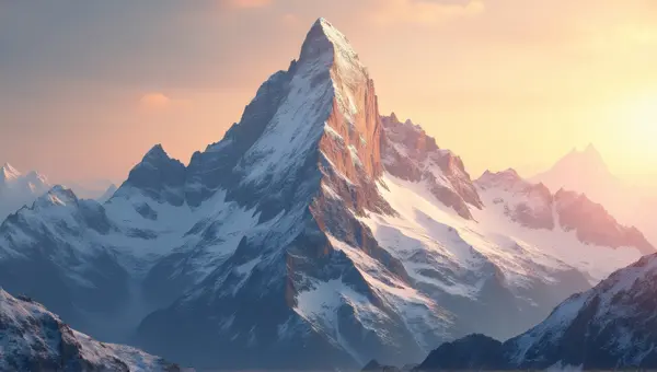 Snowy Summit Against Warm Glowing Sky
