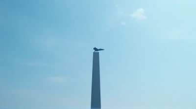 Soaring Creature Silhouette Over Tall Gray Structure